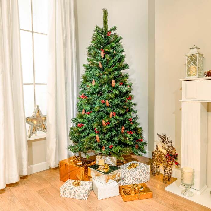 5ft - 7ft Tollymore Spruce Artificial Christmas Tree with Red Berries, 5ft