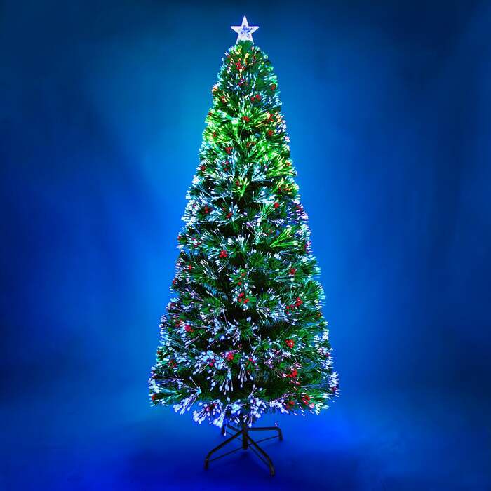 2ft - 6ft Green Fibre Optic Christmas Tree with Multi Coloured Fibre Optic Lights and Red Berries, 5FT