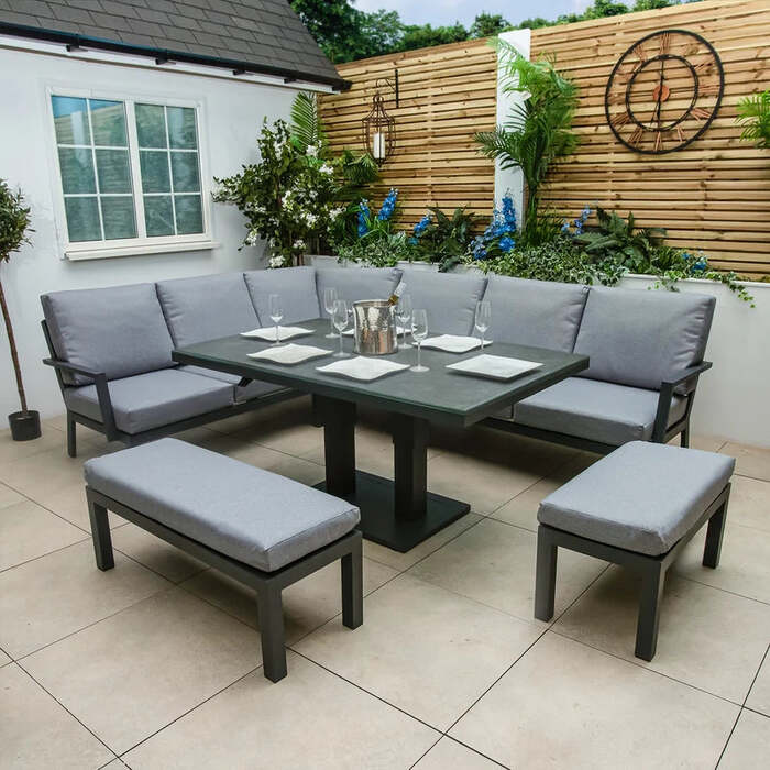 Bracken Outdoors Miami Dark Aluminium Rectangular Corner Set with Adjustable Table, Bench and Stool