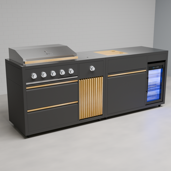 Draco Grills Scandic Line Modular Outdoor Kitchen with 5 Burner BBQ and Fridge, With Teak Side Shelves