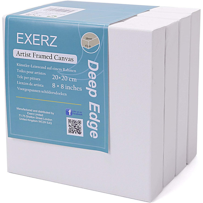 EXERZ 20x20cm Framed Canvas 3. 8cm Deep Edge 4pcs/ 380GSM/ Artist Stretched Canvas 100% Cotton- 4pk
