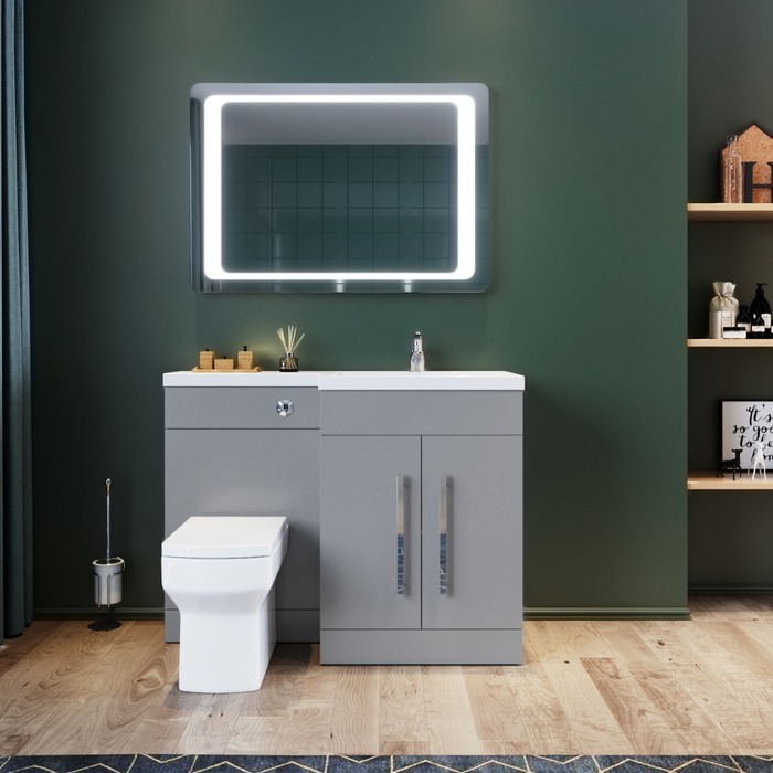 ELEGANT 1100mm Right Hand High Matt Grey Vanity Unit & Back to Wall Toilet Unit with Square Toilet & Basin