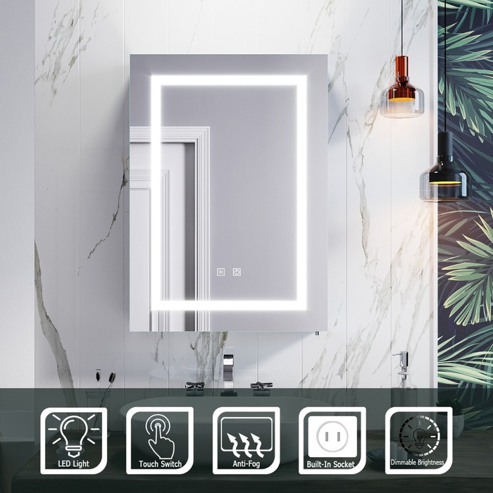 ELEGANT 500 x 700mm LED Bathroom Mirror Cabinet with Shaver Socket Demister Dimmable Light