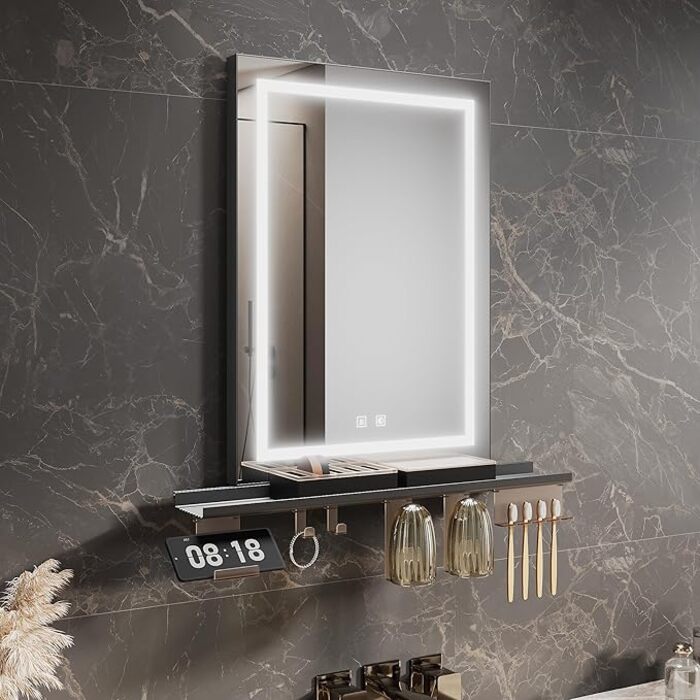 ELEGANT 500 x 700mm Rectangular LED Illuminated Anti-Fog Bathroom Mirror with Shelf