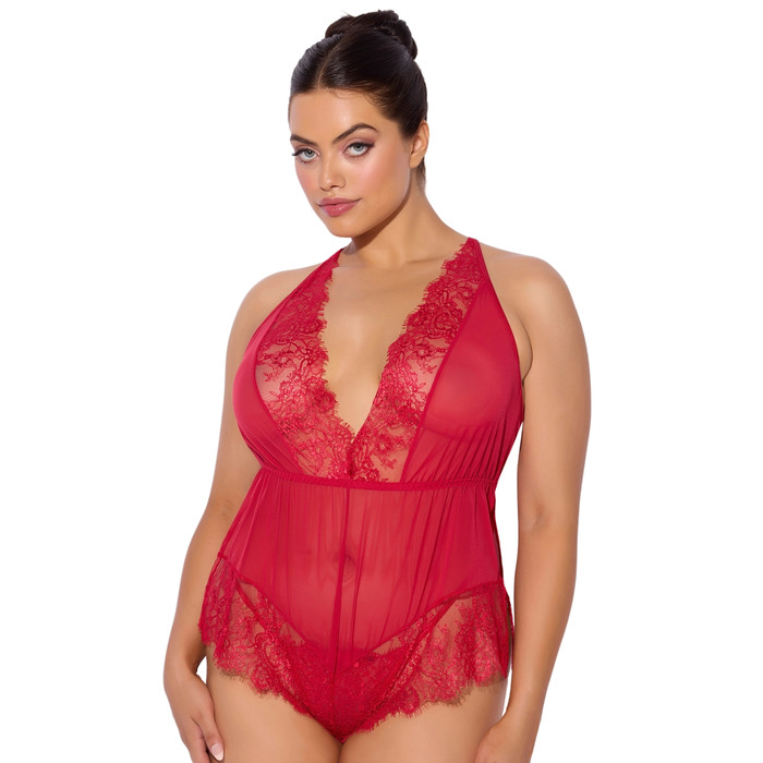 House Of Desire Mila Mesh & Eyelash Lace High Slit Romper Teddy