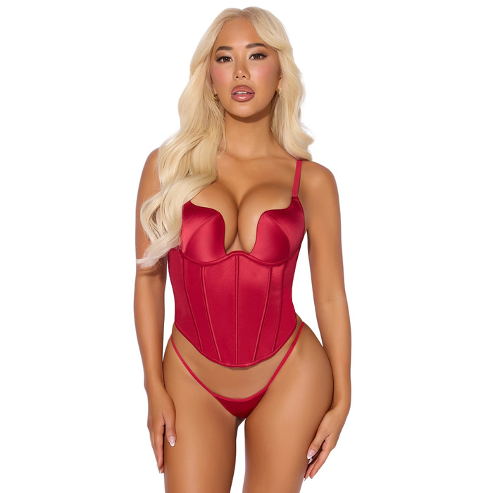 House Of Desire Brigeta Satin Plunge Push Up Bustier & Thong Set