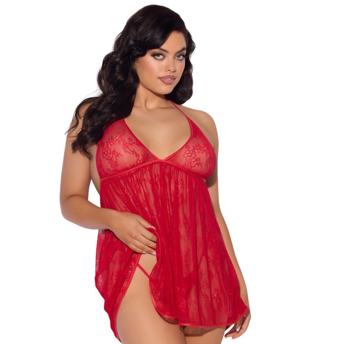 House Of Desire Kiki Lace & Faux Leather Drop Off Babydoll Set
