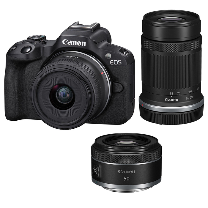 Canon EOS R50 Mirrorless Camera with RF-S 18-45mm, RF-S 55-210mm and RF 50mm f1. 8 STM Lenses