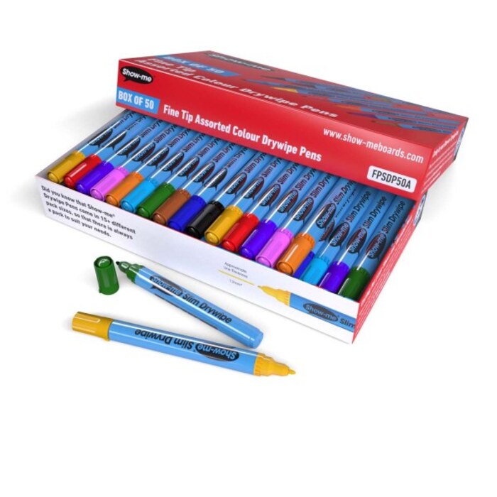 Show-me Slim Barrel Dywipe Pens - Assorted (10 Colours) Fine Tip Box of 50