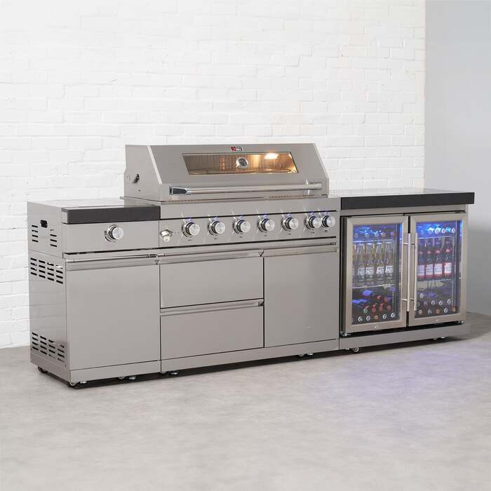 Draco Grills 6 Burner BBQ Modular Outdoor Kitchen with Sear Station and Double Fridge Unit, Without Granite Side Panels