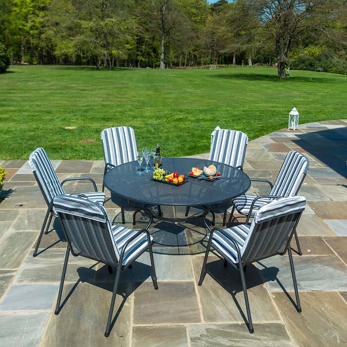 Alexander Rose Portofino 6 Seater Metal Garden Furniture Set with 1. 5m Round Table and High Back Armchairs, Set only