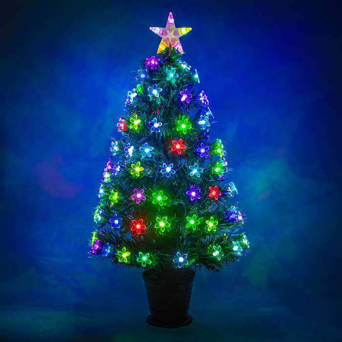 Green Fibre Optic Christmas Tree 2ft to 4ft with Multi Coloured Fibre Optics and Flowers, 4ft / 1. 2m