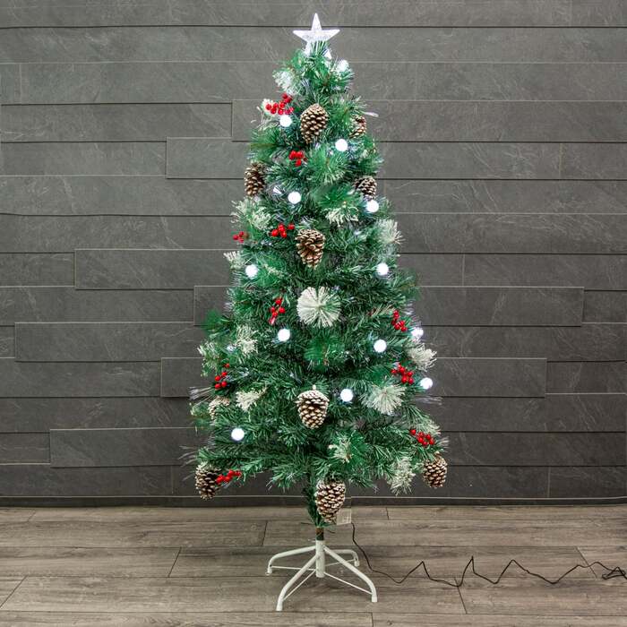 Flocked Green Pine Christmas Tree 4ft to 6ft with White Fibre Optic and LED's, Berries and Cones, 5ft / 1. 5m