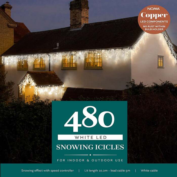 Noma Christmas 144, 240, 360, 480, 720, 960 White Snowing Icicle LED Lights with White Cable, 480 Bulbs