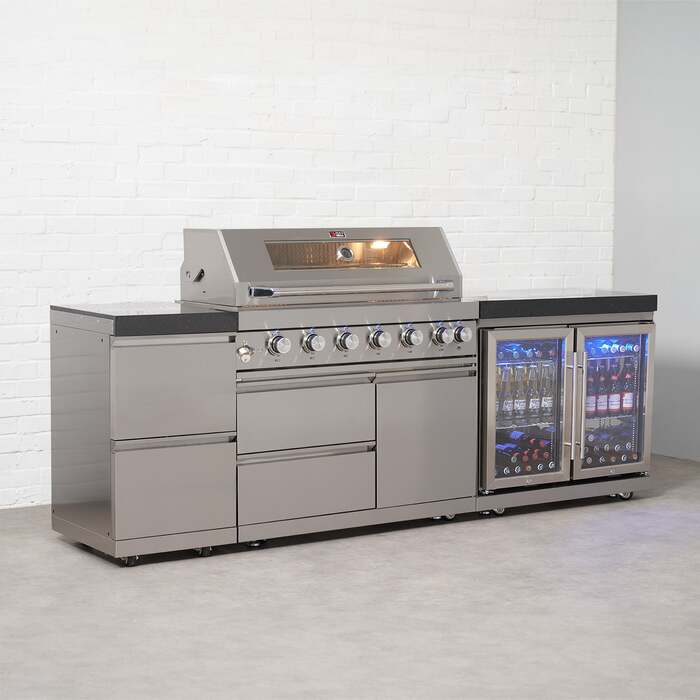 Draco Grills 6 Burner BBQ Modular Outdoor Kitchen with Double Drawers and Double Fridge Unit, Without Granite Side Panels