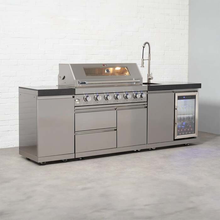 Draco Grills 6 Burner BBQ Modular Outdoor Kitchen with Gas Bottle Cabinet, Single Fridge and Sink, Mid March 2026 / Without Granite Side Panels