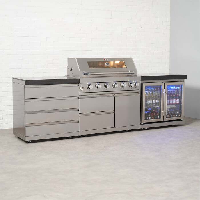 Draco Grills 6 Burner BBQ Modular Outdoor Kitchen with Quad Drawer and Double Fridge Unit, End of February 2026 / Without Granite Side Panels