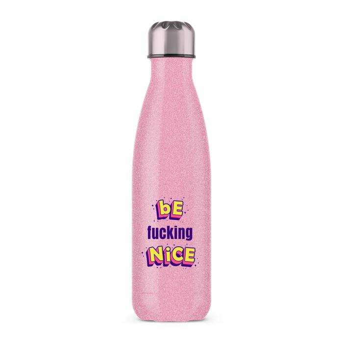 Be Fucking Nice Water Bottle - Pink Glitter, One