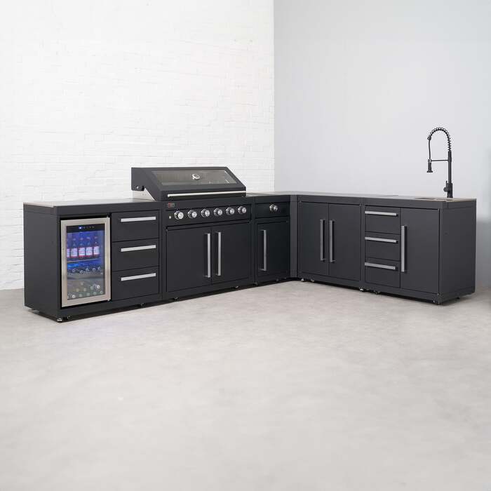 Draco Grills Fusion 6 Burner Black Outdoor Kitchen with Modular Side Burner, 90 Degree Corner, Single Fridge, Sink, Double Cupboard, End of February 2026