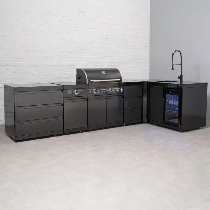 Draco Grills 4 Burner BBQ Black Stainless Steel L-Shape Modular Outdoor Kitchen with Sear Station, Fridge and Sink, With Side Panels