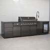 Draco Grills 6 Burner BBQ Black Stainless Steel Modular Outdoor Kitchen with Sear Station Triple Drawer and Fridge and Sink Unit, With Side Panels
