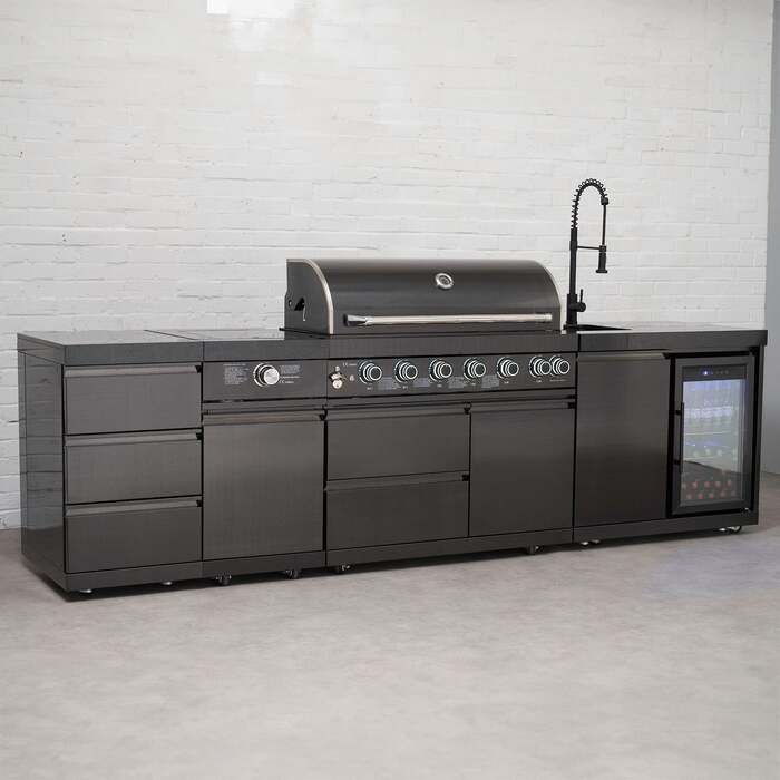 Draco Grills 6 Burner BBQ Black Stainless Steel Modular Outdoor Kitchen with Sear Station Triple Drawer and Fridge and Sink Unit, With Side Panels