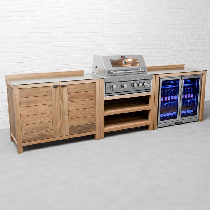 Draco Grills Teak 4 Burner Outdoor Kitchen with Modular Double Cupboard and Double Fridge, Mid February 2026 / With Side Panels