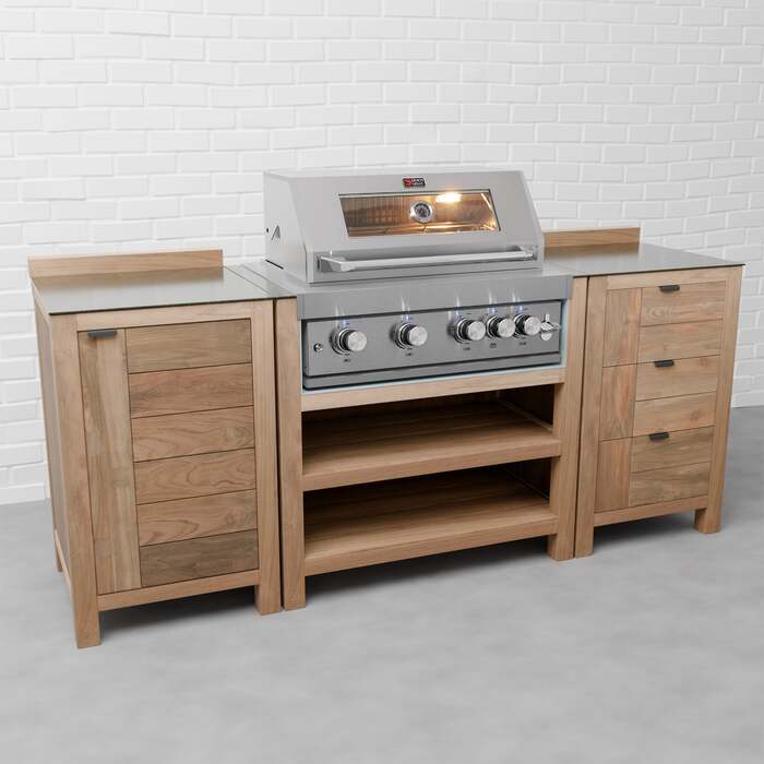 Draco Grills Teak 4 Burner Outdoor Kitchen with Modular Single Cupboard and Triple Drawer Unit, Mid February 2026 / With Side Panels