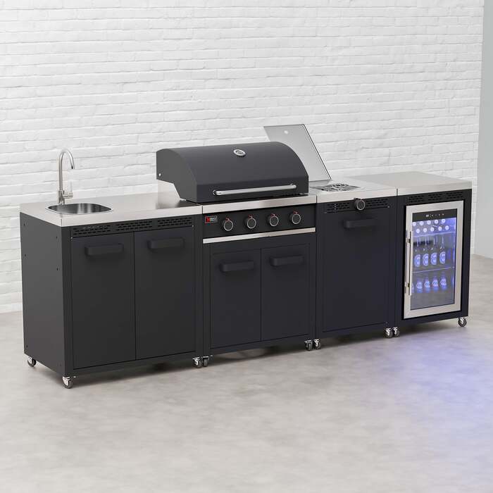 Draco Grills Titan 4 Burner Black Outdoor Kitchen Gas Barbecue with Side Burner, Fridge and Sink, Mid February 2026