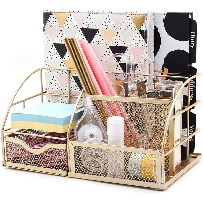 EXERZ Desk Organiser with 7 Compartments -Mesh Desk Tidy Caddy - Golden