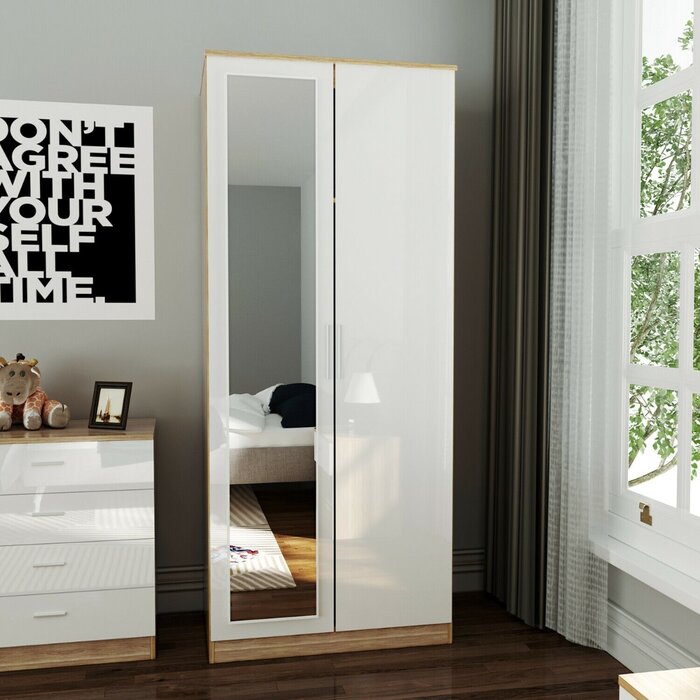 ELEGANT 2 Door Mirror Wardrobe In White And Oak Finish Soft Close Hinged Doors