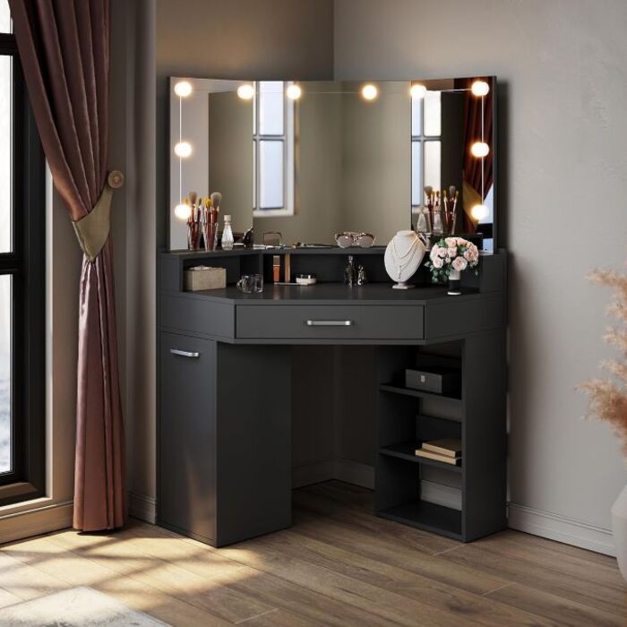 ELEGANT Corner Curved Dressing Table with 3-Angle LED Mirror & Hollywood Lights
