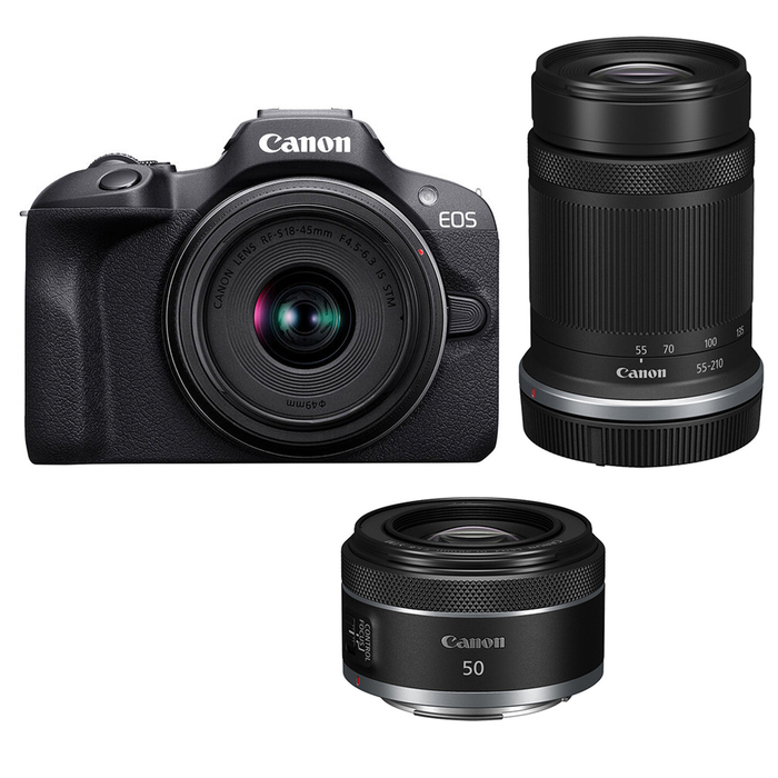 Canon EOS R100 Mirrorless Camera with RF-S 18-45mm, RF-S 55-210mm and RF 50mm f1. 8 STM Lenses