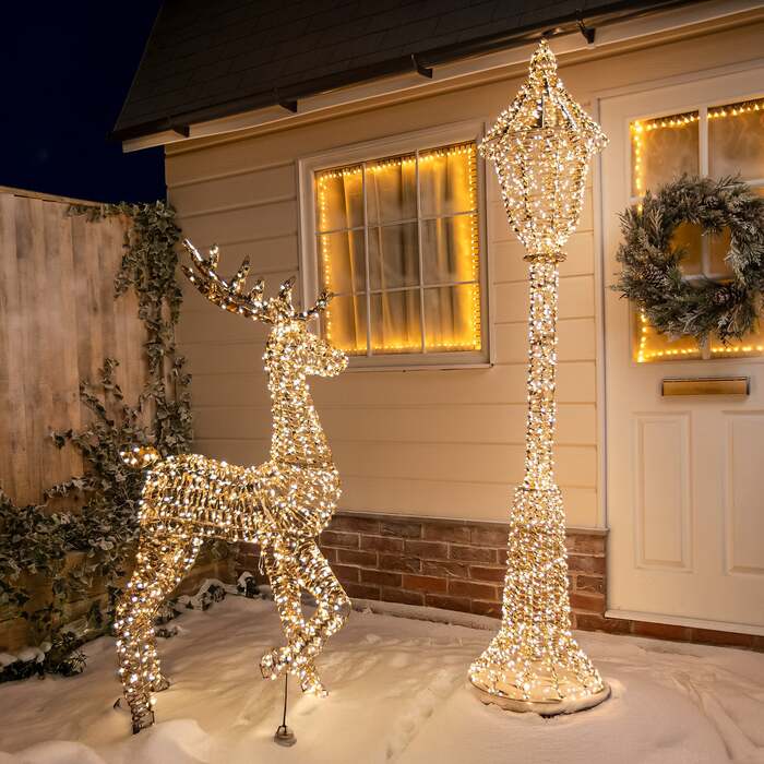 Pre-Lit Christmas Gold Laser 1. 8m Lamp Post with Reindeer and Warm White LED Micro-Lights