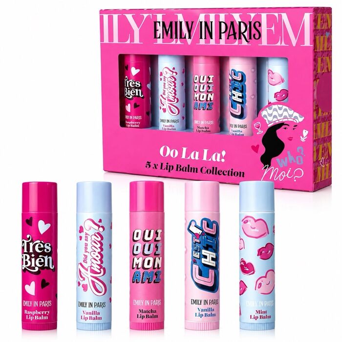 Emily In Paris Lip Balm Gift Set 5 X 4g Raspberry + Matcha + Mint + 2 X Vanilla