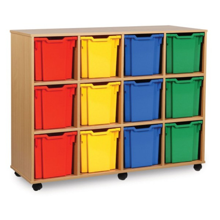 12 Jumbo Tray Storage Unit Beech Finish Yellow Tray Colours