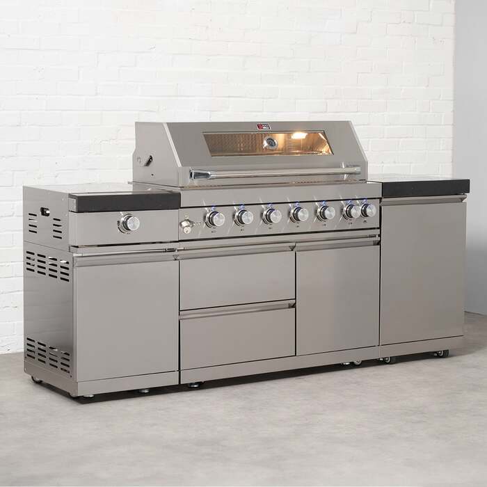 Draco Grills Deluxe 6 Burner BBQ Modular Outdoor Kitchen with Sear Station and Gas Bottle Cabinet, Without Granite Side Panels