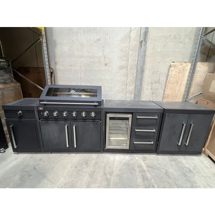Ex Display Draco Grills Fusion 6 Burner Black Outdoor Kitchen with Side Burner, Single Fridge and Double Cupboard