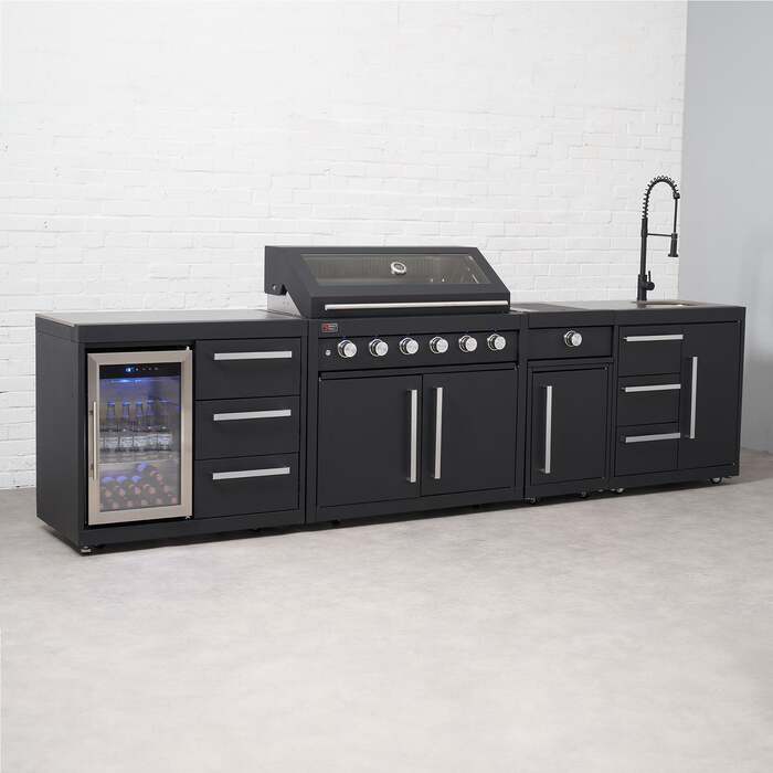 Draco Grills Fusion 6 Burner Black Outdoor Kitchen with Modular Side Burner, Sink, Single Fridge, Mid February 2026