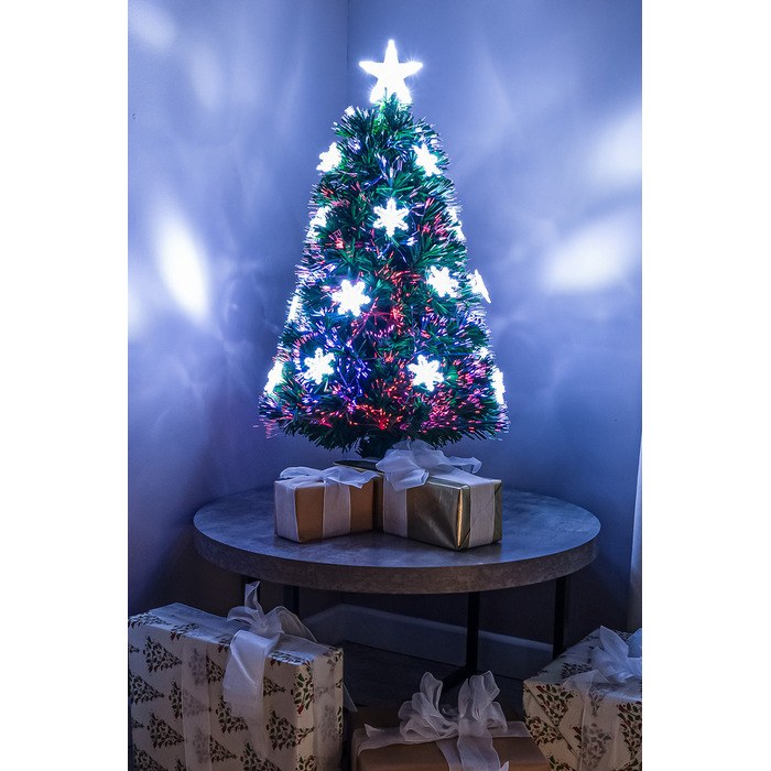 Green Fibre Optic Christmas Tree 2ft - 7ft with Multi Coloured Fibre Optics, White LED Lights and Snowflakes, 3FT