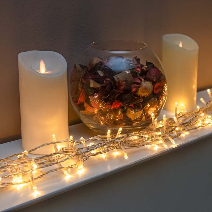 Warm White LED Multi-Function Christmas String Lights with Clear Cable 120, 240, 360 Bulbs, 120 LEDs