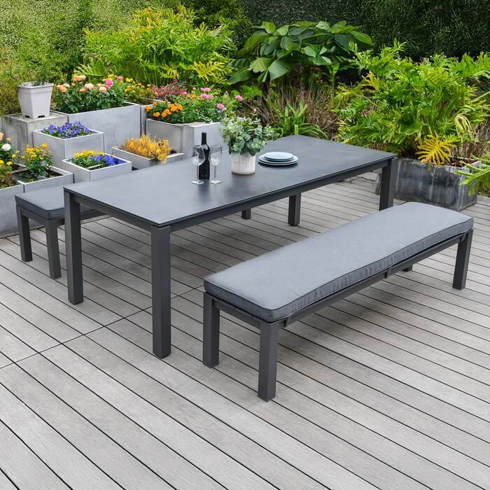 Bracken Outdoors Maldives Aluminium 6 Seat Rectangular Garden Dining Bench Set, Early March 2026