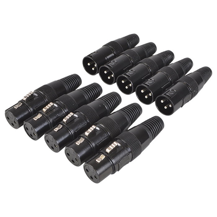 XLR 3 Pin Connector Pack with 5 Male and 5 Female XLR Connectors in Black