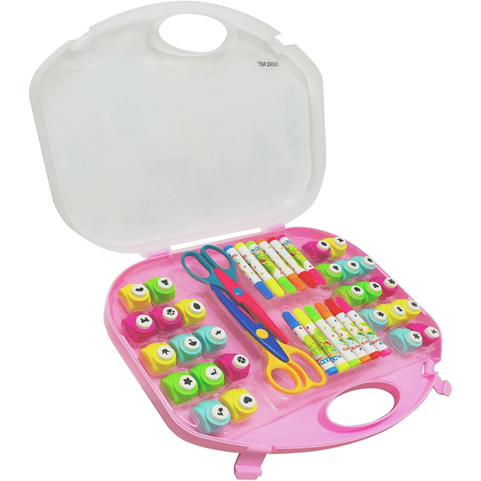 EXERZ Paper Punch Set 40pcs in a Storage Box Including Punches, Craft Scissors, Color Pens -Pink