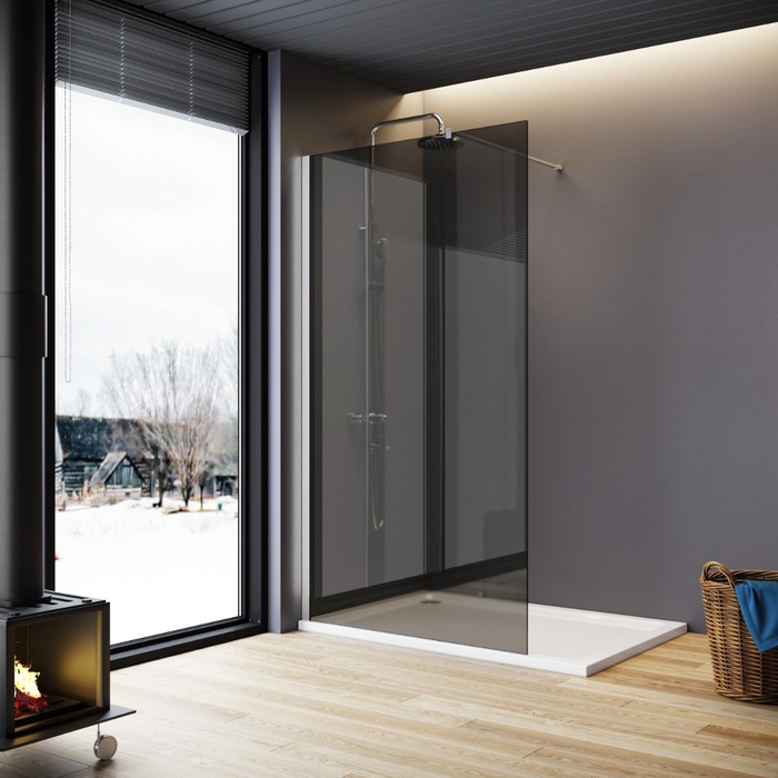 ELEGANT 700mm Walk-In Shower Panel Wetroom Smoked Glass 8mm Easy Clean Nano Glass Shower Screen