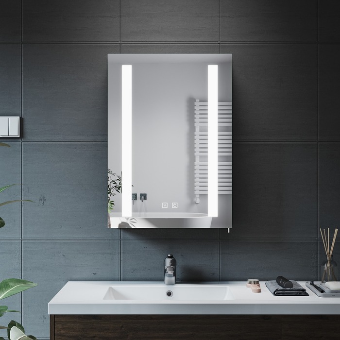 ELEGANT 500 x 700mm Bathroom Mirror Cabinet with Shaver Socket and Led Lights Black Single Door Mirrored Bathroom Wall Cabinets