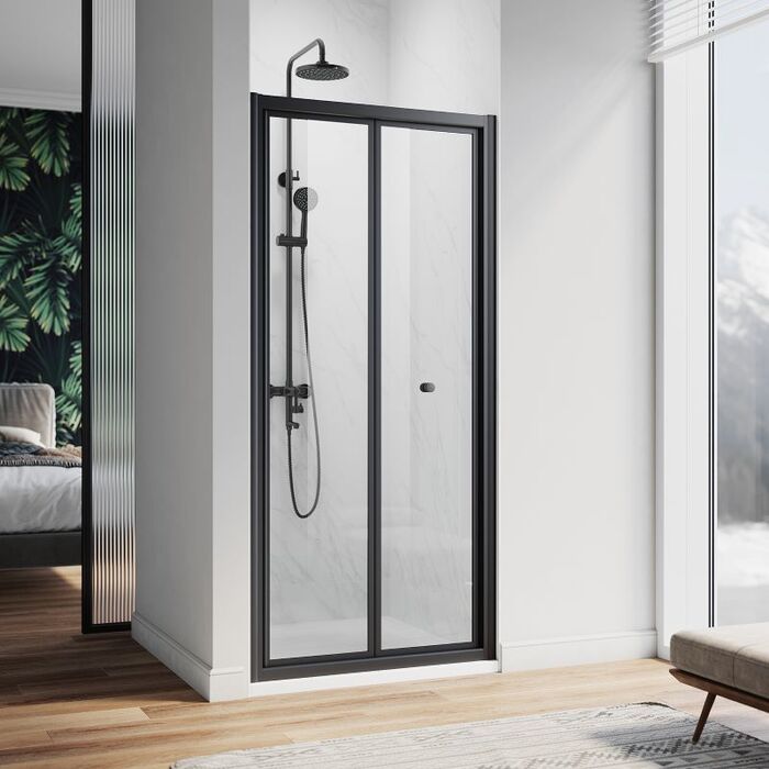 ELEGANT Matt Black 700mm Bi-Fold Shower Door with Magnetic Stripe