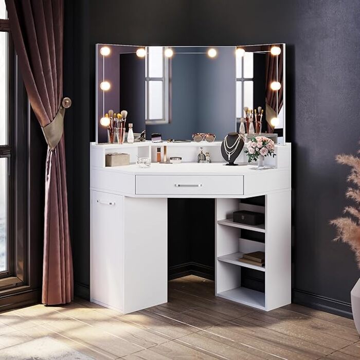 ELEGANT Corner Curved Dressing Table with 3-Angle LED Mirror White