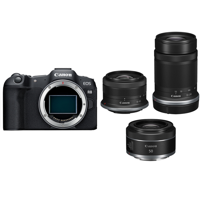 Canon EOS R8 Mirrorless Camera with RF-S 18-45mm, RF-S 55-210mm and RF 50mm f1. 8 STM Lenses