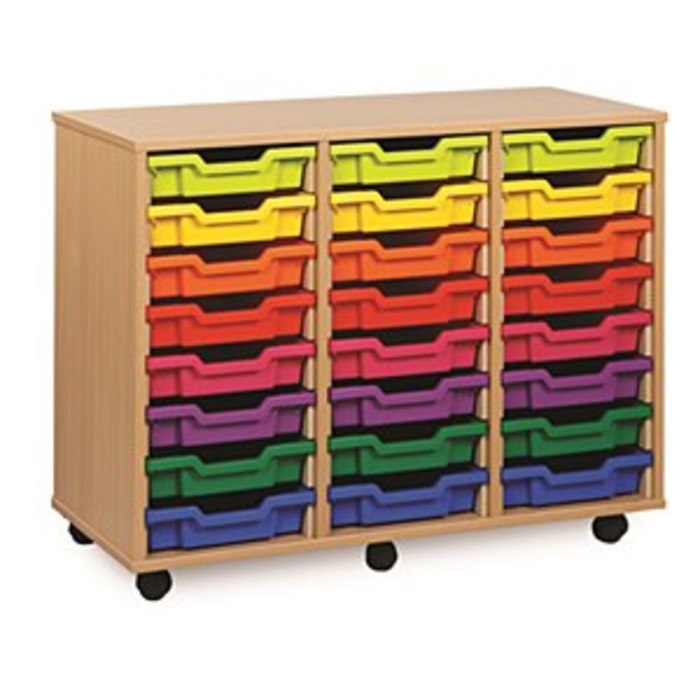 24 (8x3) Shallow Tray Unit Maple Finish Red/Yellow/Blue Mix Trays